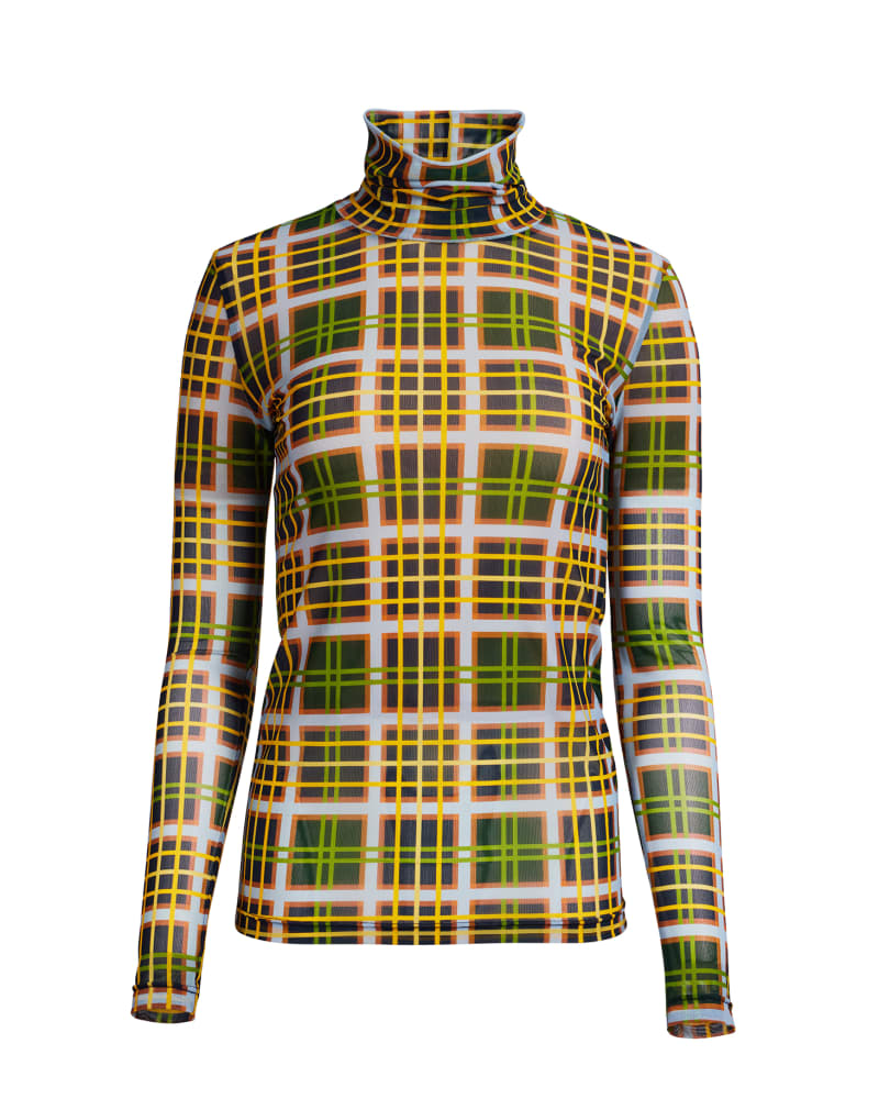 Front of a size 3X Printed Mesh Turtleneck in Green by Hilary MacMillan. | dia_product_style_image_id:235545